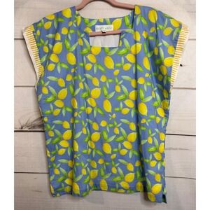 Brooke Wright Designs Lemon Print Cotton Top Blue Yellow Square Neck Medium